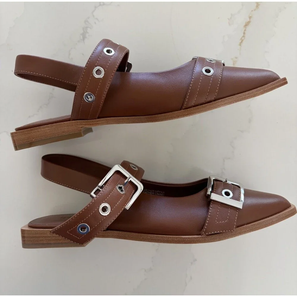 New Quince Women Italian Leather Bold Buckle Slingback Flat Cognac Shoes 8